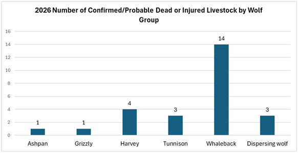 2026 Number of Confirmed/probable Dead or Injured Livestock by Wolf Group (as of 12/31/2025)
